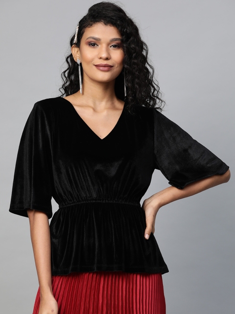 

SASSAFRAS Women Black Solid Velvet Finish Cinched Waist Top