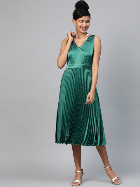 

SASSAFRAS Women Green Solid Satin Finish Accordion Pleated Midi A-Line Dress