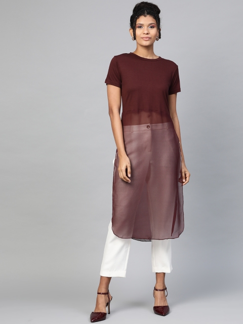 

SASSAFRAS Women Burgundy Solid Semi-Sheer Side Slit Longline Top