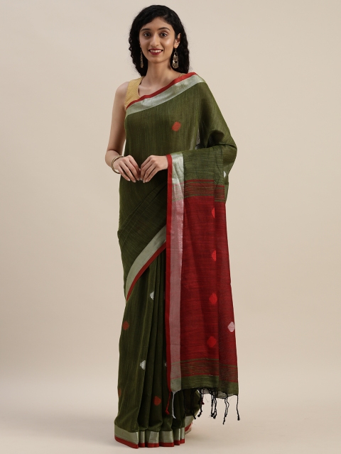 

VASTRANAND Green & Maroon Linen Blend Woven Design Banarasi Saree
