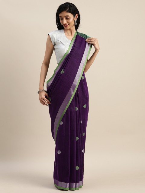 

VASTRANAND Purple & Green Linen Blend Woven Design Banarasi Saree
