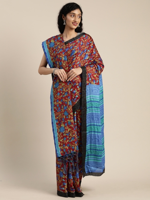 

VASTRANAND Red & Blue Pashmina Floral Printed Celebrity Saree