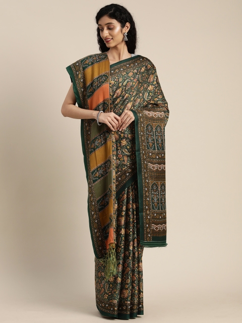 

VASTRANAND Green & Mustard Yellow Pashmina Printed Saree with Shawl