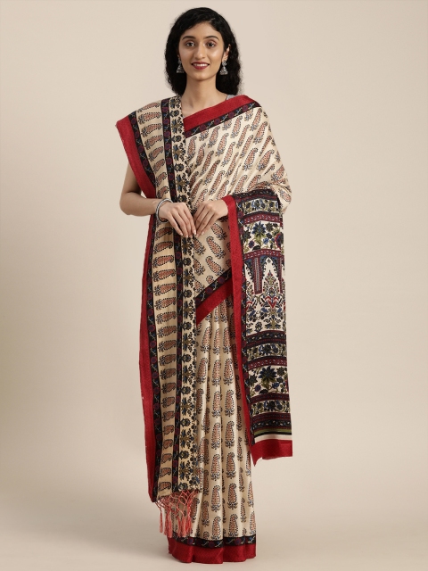 

VASTRANAND Beige & Red Pashmina Paisley Printed Saree with Matching Shawl