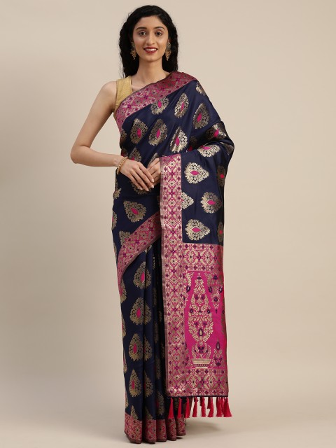 

VASTRANAND Navy Blue & Pink Silk Blend Woven Design Banarasi Saree