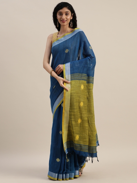 

VASTRANAND Teal & Mustard Linen Blend Woven Design Banarasi Saree