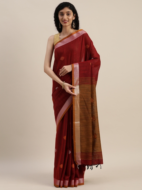 

VASTRANAND Maroon & Orange Linen Blend Woven Design Banarasi Saree