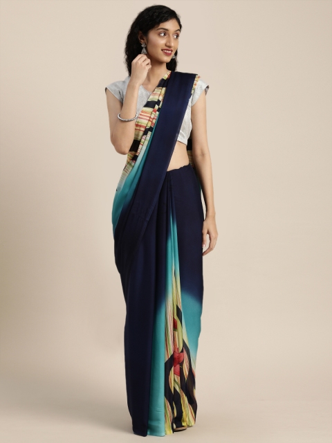 

VASTRANAND Navy Blue & Yellow Pure Crepe Printed Saree