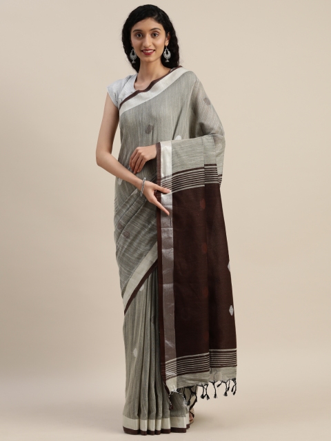 

VASTRANAND Grey & Black Linen Blend Woven Design Banarasi Saree