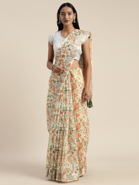 

VASTRANAND White & Peach-Coloured Linen Blend Printed Saree