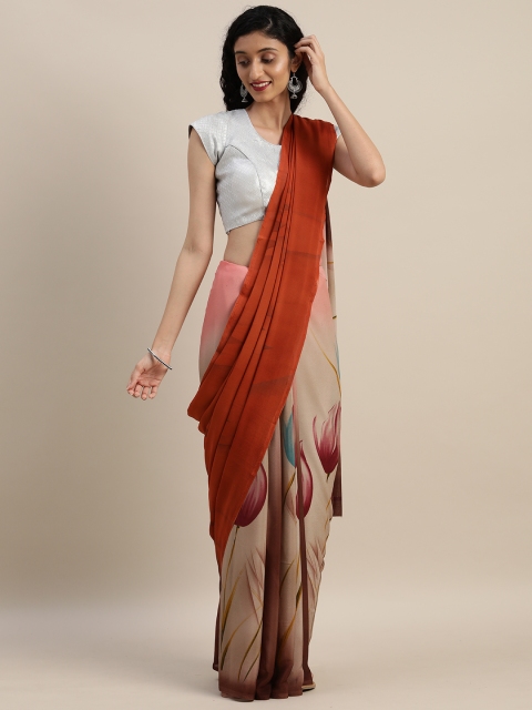 

VASTRANAND Beige & Rust Red Pure Crepe Floral Printed Saree