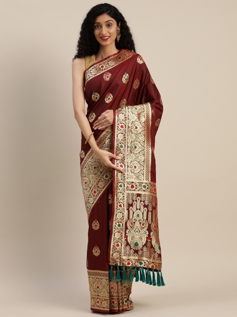 

VASTRANAND Brown & Gold-Toned Silk Blend Woven Design Kanjeevaram Saree