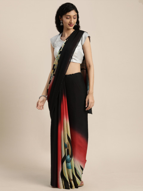 

VASTRANAND Black & Beige Pure Crepe Printed Saree