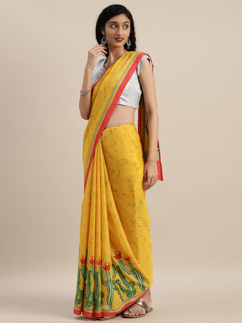 

VASTRANAND Yellow & Green Pure Crepe Abstract Printed Saree