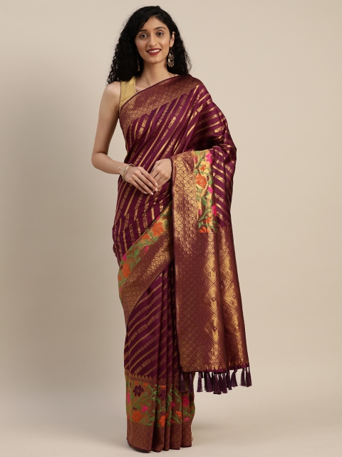 

VASTRANAND Burgundy & Gold-Toned Silk Cotton Striped Banarasi Saree