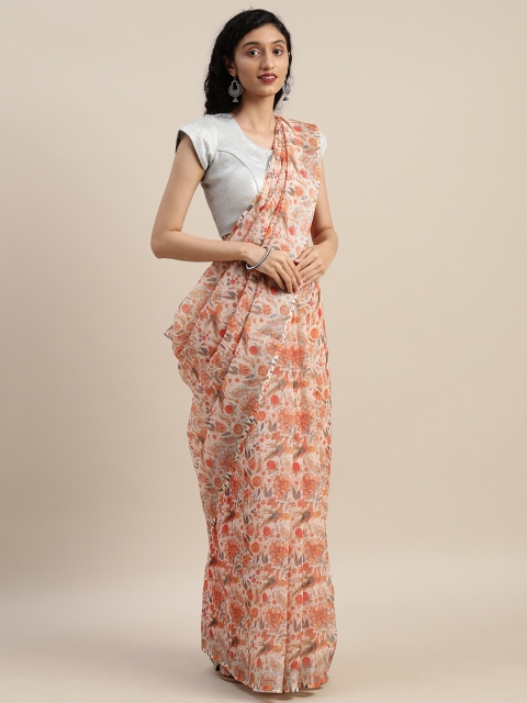 

VASTRANAND Off-White & Orange Linen Blend Printed Saree