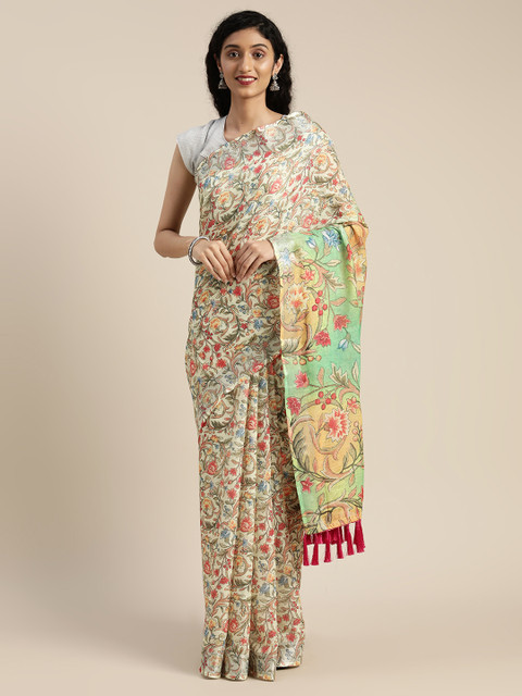 

VASTRANAND Yellow Printed Linen Blend Saree