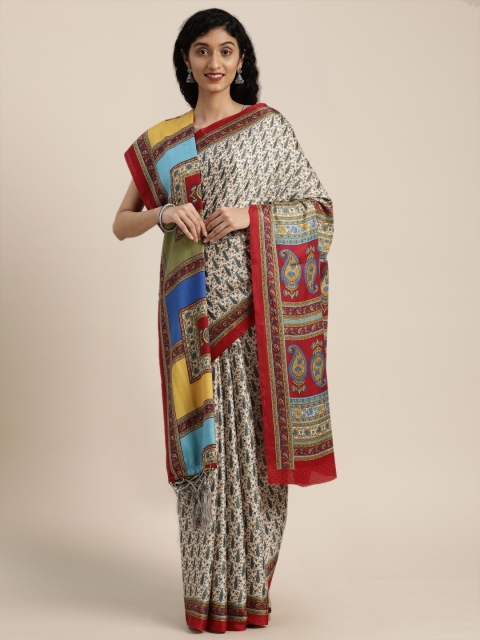 

VASTRANAND Off-White & Red Pashmina Printed Saree with Matching Shawl