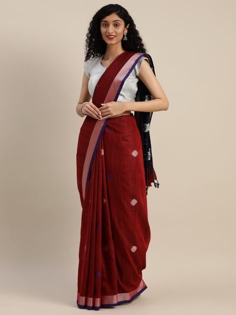 

VASTRANAND Red & Navy Blue Linen Blend Woven Design Saree