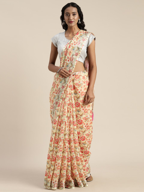 

VASTRANAND Yellow & Pink Linen Blend Printed Saree