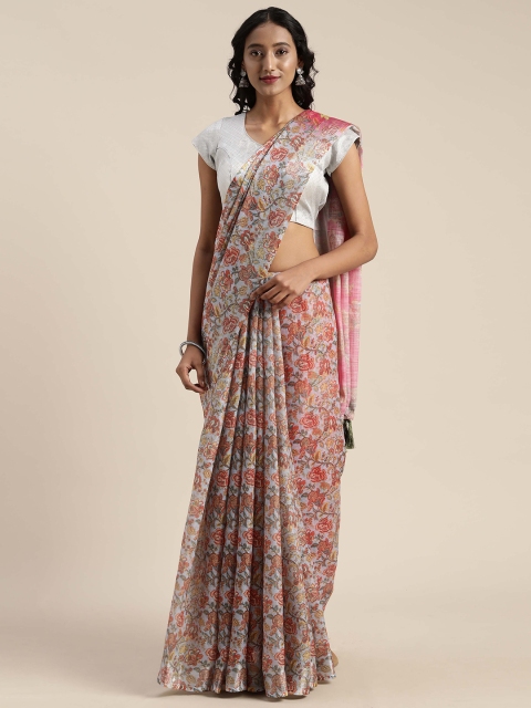 

VASTRANAND Blue & Pink Linen Blend Printed Saree