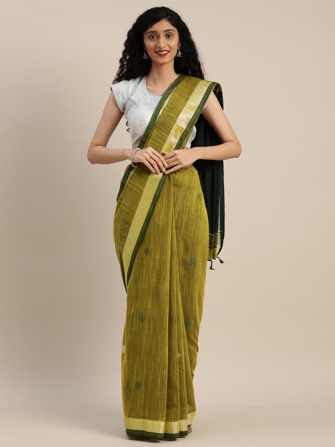 

VASTRANAND Olive Green & Silver-Coloured Linen Blend Woven Design Saree