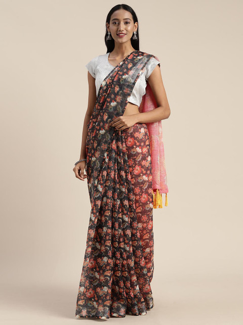 

VASTRANAND Navy Blue & Pink Linen Blend Printed Saree