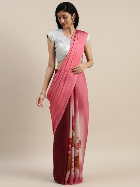 

VASTRANAND Pink & Maroon Pure Crepe Printed Saree