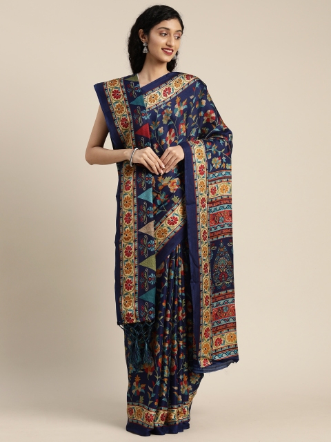 

VASTRANAND Navy Blue & Mustard Yellow Pashmina Printed Saree