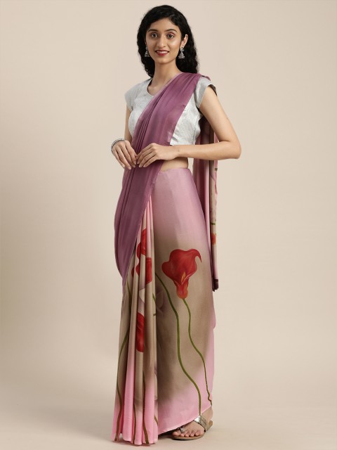 

VASTRANAND Lavender & Red Pure Crepe Printed Saree