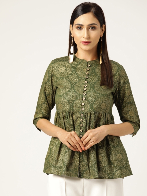 

Shae by SASSAFRAS Women Green & Golden Foil Print A-Line Top