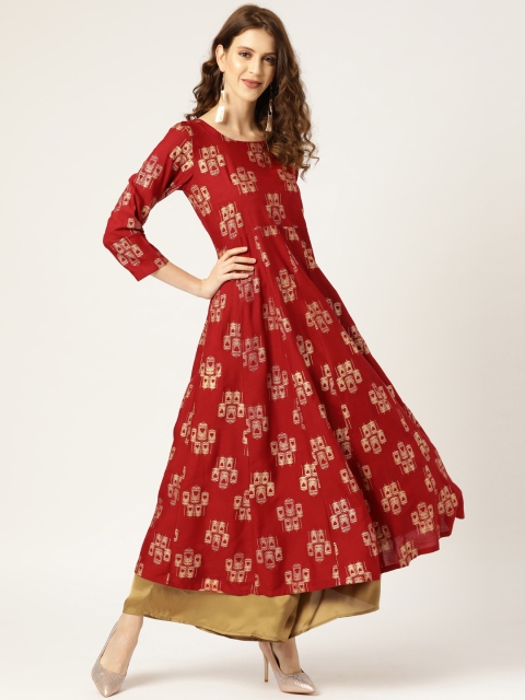 

Shae by SASSAFRAS Women Maroon & Golden Cage Print Anarkali Kurta