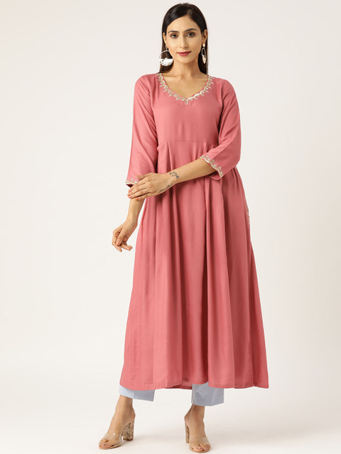 

Shae by SASSAFRAS Women Pink Solid Anarkali Kurta with Embroidered Detail