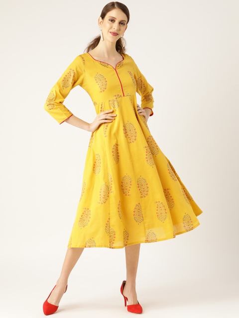 

Shae by SASSAFRAS Women Mustard Yellow & Pink Foil Print A-Line Dress