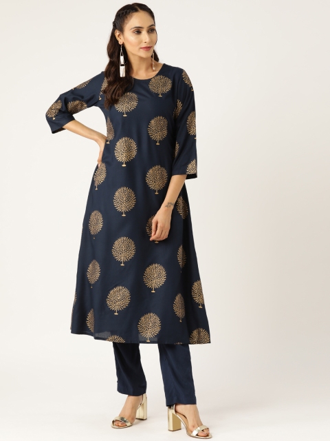 

Shae by SASSAFRAS Women Navy Blue & Golden Foil Print Kurta with Trousers