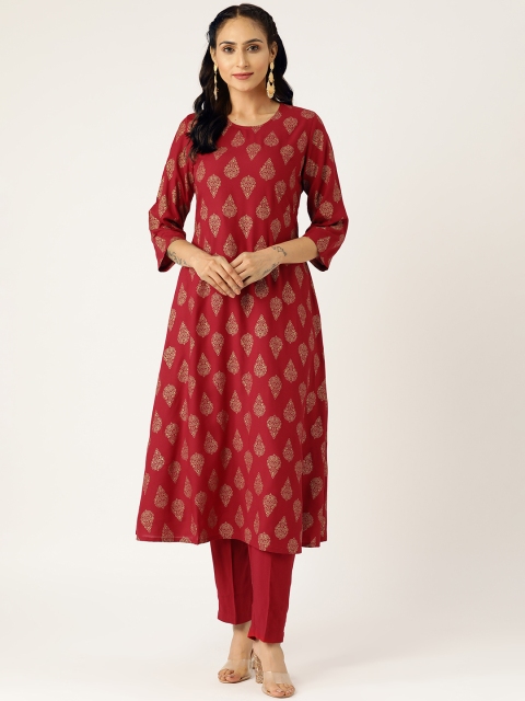 

Shae by SASSAFRAS Women Maroon & Gold-Toned Printed Kurta with Trousers