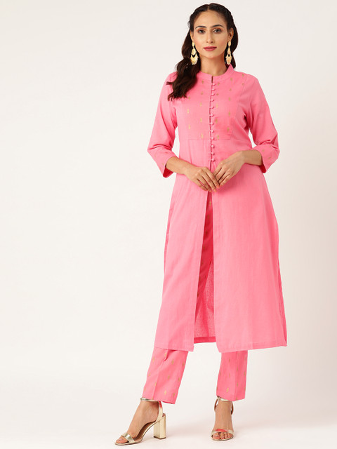 

Shae by SASSAFRAS Women Pink & Golden Foil Printed Kurta with Trousers