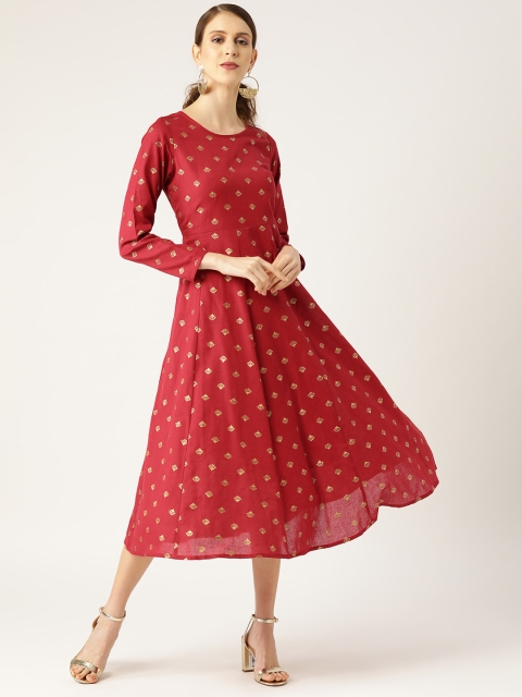 

Shae by SASSAFRAS Women Maroon & Golden Foil Print A-Line Dress