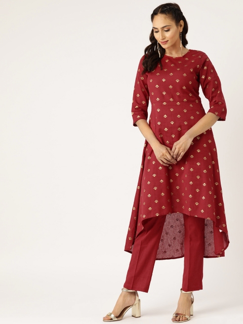 

Shae by SASSAFRAS Women Maroon & Golden Foil Print Kurta with Trousers