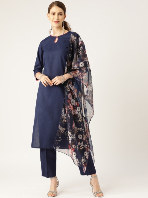 

Shae by SASSAFRAS Women Navy Blue & Pink Solid Kurta with Trousers & Dupatta