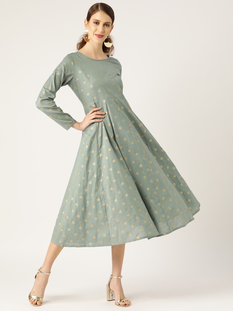 

Shae by SASSAFRAS Women Green & Golden Foil Print A-Line Dress