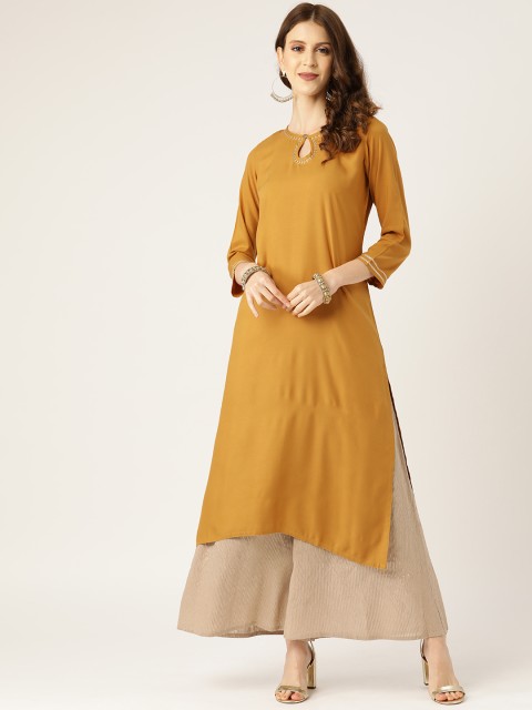 

Shae by SASSAFRAS Women Mustard Yellow Zari Embroidered Detail Straight Kurta