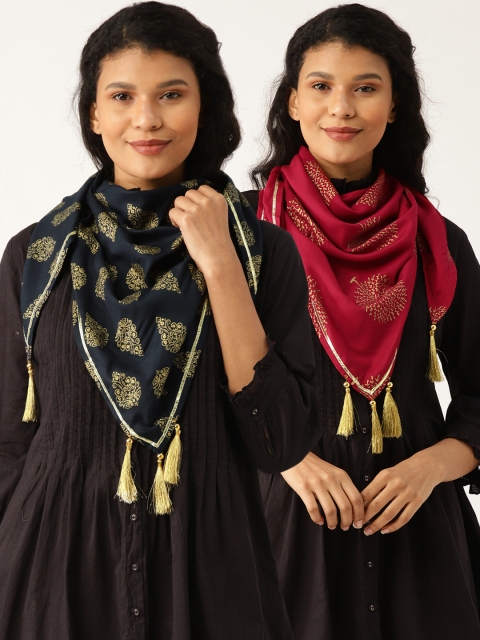 

Shae by SASSAFRAS Women Pack of 2 Printed Tasselled Scarves, Maroon