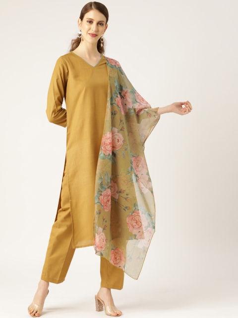 

Shae by SASSAFRAS Women Mustard Brown & Pink Solid Kurta with Trousers & Dupatta