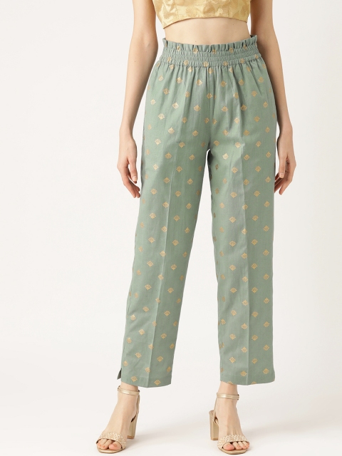 

Shae by SASSAFRAS Women Green & Golden Tapered Fit Foil Print Trousers