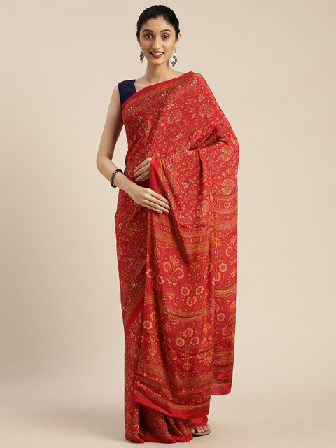 

Mitera Red & Orange Pure Crepe Floral Printed Saree