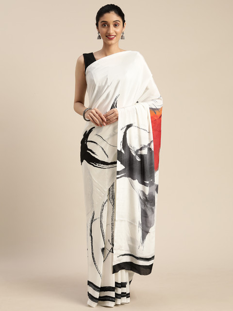

Mitera White & Black Pure Crepe Printed Saree