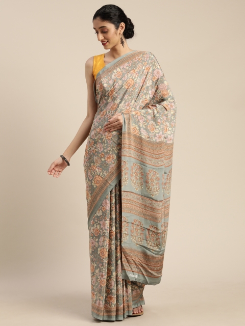 

Mitera Sea Green & Pink Pure Crepe Floral Printed Saree