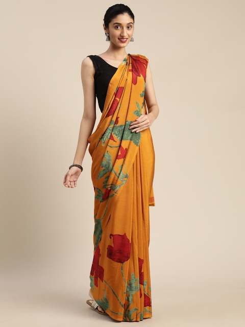 

Mitera Orange & Green Pure Crepe Floral Printed Saree