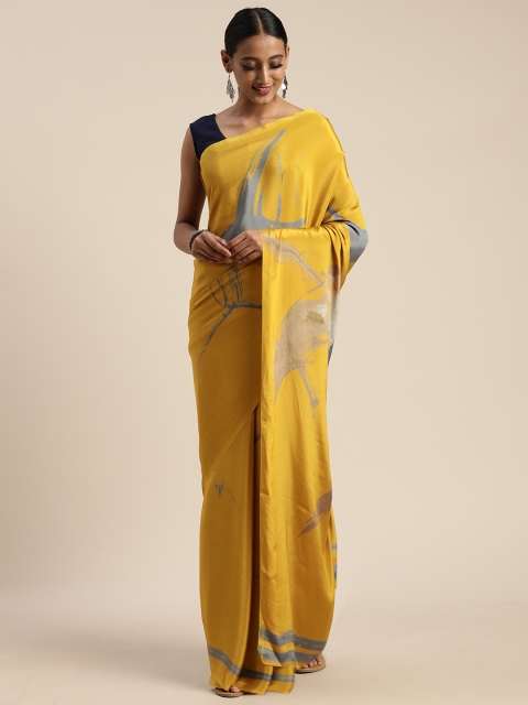 

Mitera Mustard Yellow & Grey Pure Crepe Printed Saree